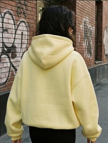 DAZY Women's Yellow Hooded Zip-Up Letter Print Pocket Loose Drop Shoulder Long Sleeve Casual Sweatshirt Jacket Hoodies - Yellow - View 2