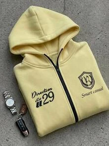 DAZY Women's Yellow Hooded Zip-Up Letter Print Pocket Loose Drop Shoulder Long Sleeve Casual Sweatshirt Jacket Hoodies - Yellow - View 4