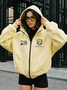 DAZY Women's Yellow Hooded Zip-Up Letter Print Pocket Loose Drop Shoulder Long Sleeve Casual Sweatshirt Jacket Hoodies - Yellow - View 3