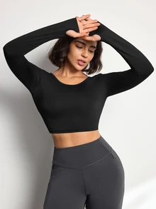 Pariaura Women's Streetwear Cropped Long Sleeve Sports T-Shirt For Yoga - Black - View 8