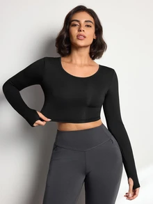Pariaura Women's Streetwear Cropped Long Sleeve Sports T-Shirt For Yoga - Black - View 7