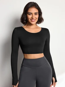 Pariaura Women's Streetwear Cropped Long Sleeve Sports T-Shirt For Yoga - Black - View 9