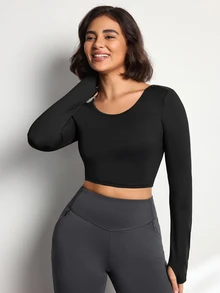 Pariaura Women's Streetwear Cropped Long Sleeve Sports T-Shirt For Yoga - Black - View 4