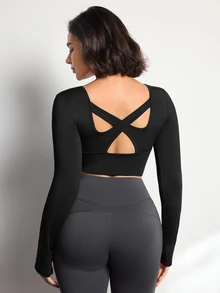 Pariaura Women's Streetwear Cropped Long Sleeve Sports T-Shirt For Yoga - Black - View 3
