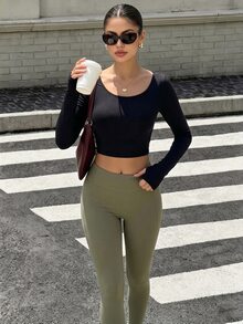 Pariaura Women's Streetwear Cropped Long Sleeve Sports T-Shirt For Yoga - Black - View 10