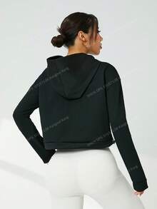 SHEIN Sports Women Casual Pocket Hooded Long Sleeve Sweatshirt, Daily Wear - Black - View 3