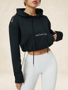 SHEIN Sports Women Casual Pocket Hooded Long Sleeve Sweatshirt, Daily Wear - Black - View 2