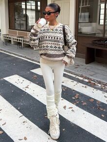 Muchica Sweater Rajut Tekstur Jacquard Fair Isle Minimalis Vintage - Aprikot - View 6