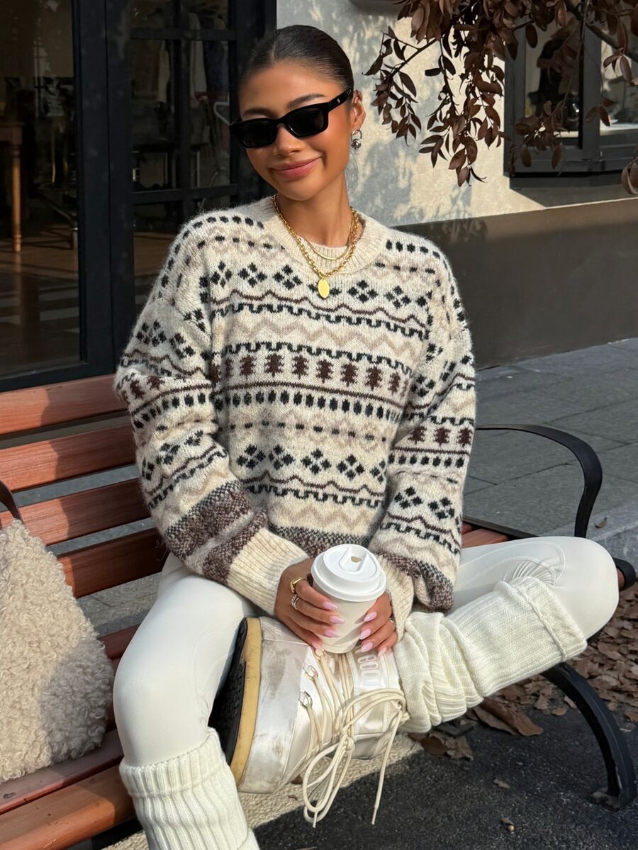 Muchica Sweater Rajut Tekstur Jacquard Fair Isle Minimalis Vintage - Aprikot - View 1