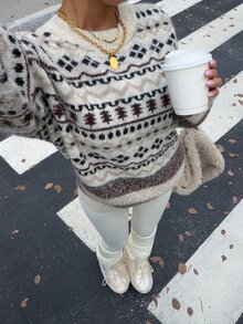 Muchica Sweater Rajut Tekstur Jacquard Fair Isle Minimalis Vintage - Aprikot - View 2