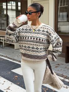 Muchica Sweater Rajut Tekstur Jacquard Fair Isle Minimalis Vintage - Aprikot - View 3
