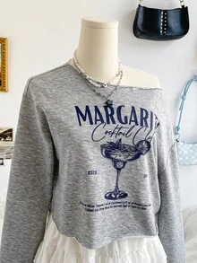 Soleia Sweatshirt Lengan Panjang Kasual Wanita dengan Motif Huruf dan Bahu Asimetris untuk Sehari-hari - Grey - View 3