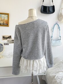 Soleia Sweatshirt Lengan Panjang Kasual Wanita dengan Motif Huruf dan Bahu Asimetris untuk Sehari-hari - Grey - View 2