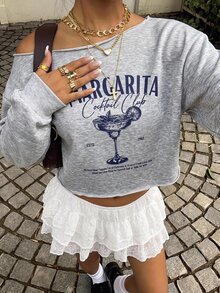 Soleia Sweatshirt Lengan Panjang Kasual Wanita dengan Motif Huruf dan Bahu Asimetris untuk Sehari-hari - Grey - View 8