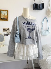 Soleia Sweatshirt Lengan Panjang Kasual Wanita dengan Motif Huruf dan Bahu Asimetris untuk Sehari-hari - Grey - View 6