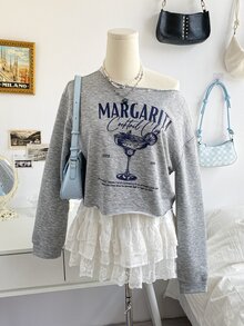 Soleia Sweatshirt Lengan Panjang Kasual Wanita dengan Motif Huruf dan Bahu Asimetris untuk Sehari-hari - Grey - View 7