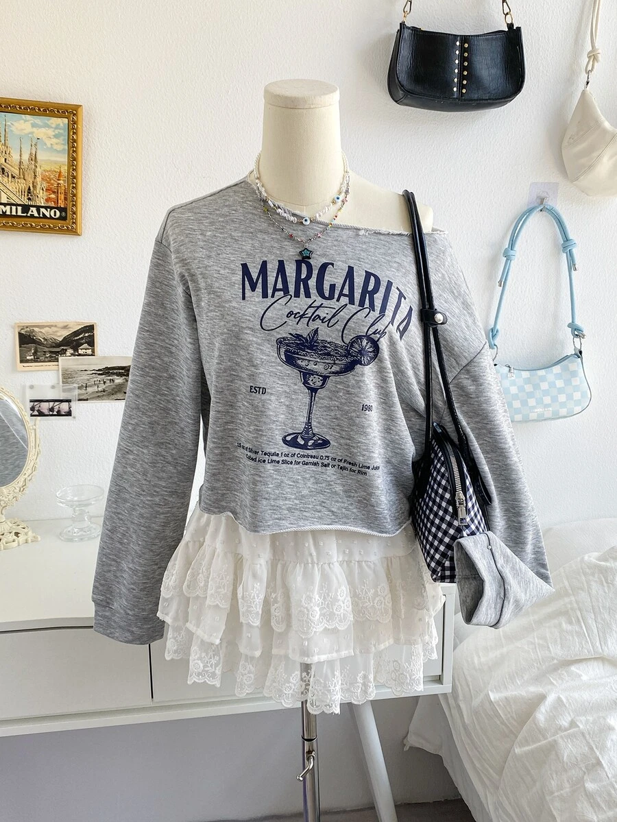 Soleia Sweatshirt Lengan Panjang Kasual Wanita dengan Motif Huruf dan Bahu Asimetris untuk Sehari-hari - Grey - View 1