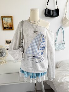 Soleia 女款韓系街頭風休閒拼接刺繡不對稱肩領衛衣，日常居家款，淺灰色與奶油黃，秋季 - 灰色 - 查看 5
