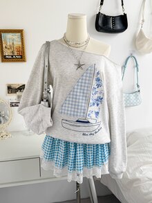 Soleia 女款韓系街頭風休閒拼接刺繡不對稱肩領衛衣，日常居家款，淺灰色與奶油黃，秋季 - 灰色 - 查看 1
