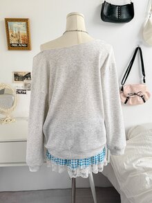 Soleia 女款韓系街頭風休閒拼接刺繡不對稱肩領衛衣，日常居家款，淺灰色與奶油黃，秋季 - 灰色 - 查看 2