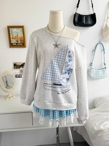 Soleia 女款韓系街頭風休閒拼接刺繡不對稱肩領衛衣，日常居家款，淺灰色與奶油黃，秋季 - 灰色 - 查看 4