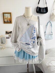 Soleia 女款韓系街頭風休閒拼接刺繡不對稱肩領衛衣，日常居家款，淺灰色與奶油黃，秋季 - 灰色 - 查看 6