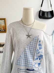 Soleia 女款韓系街頭風休閒拼接刺繡不對稱肩領衛衣，日常居家款，淺灰色與奶油黃，秋季 - 灰色 - 查看 3