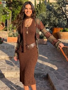 Soleia Women's Fashion Versatile Solid Color Retro Boho Knit Dress Vacation Dark Brown Olive Green Summer - Brown - View 4