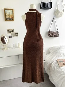 Soleia Women's Fashion Versatile Solid Color Retro Boho Knit Dress Vacation Dark Brown Olive Green Summer - Brown - View 2