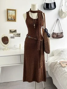 Soleia Women's Fashion Versatile Solid Color Retro Boho Knit Dress Vacation Dark Brown Olive Green Summer - Brown - View 10