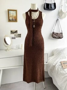 Soleia Women's Fashion Versatile Solid Color Retro Boho Knit Dress Vacation Dark Brown Olive Green Summer - Brown - View 8