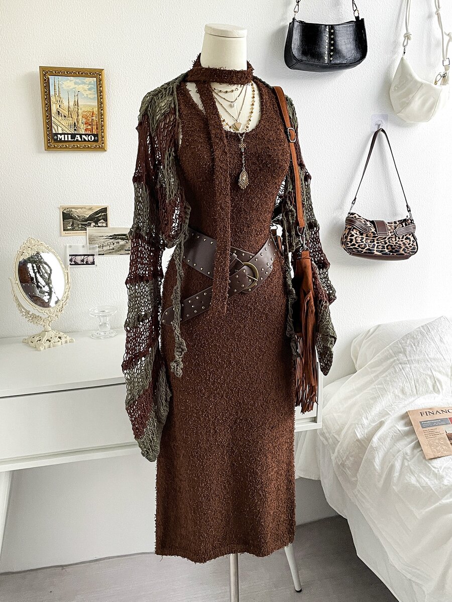 Soleia Women's Fashion Versatile Solid Color Retro Boho Knit Dress Vacation Dark Brown Olive Green Summer - Brown - View 1