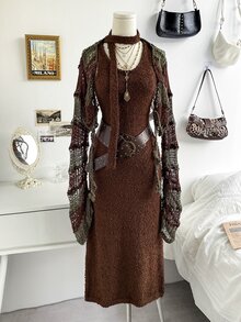 Soleia Women's Fashion Versatile Solid Color Retro Boho Knit Dress Vacation Dark Brown Olive Green Summer - Brown - View 6
