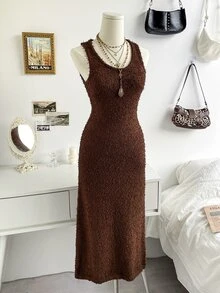 Soleia Women's Fashion Versatile Solid Color Retro Boho Knit Dress Vacation Dark Brown Olive Green Summer - Brown - View 7