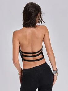 ROMWE Y2K Atasan Wanita Polos Model Halter Neck Serbaguna untuk Pemakaian Sehari-hari - Hitam - View 2