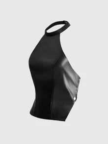 ROMWE Y2K Atasan Wanita Polos Model Halter Neck Serbaguna untuk Pemakaian Sehari-hari - Hitam - View 9