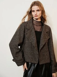 Aveloria Modichic Women's Jacket Oversized Broad Shoulder Tweed Lapel Gold Button Retro British Old Money Brown Black Plaid Fall Clothes For Women Christmas - Multicolor - View 4