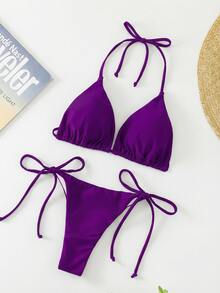 Oceva Solid Color Sexy Strap Bikini Swimwear Set, Beach Wear For Women - Purple - View 5