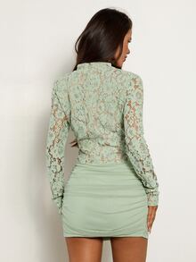 Aloruh Green Lace Women's Long Sleeve Ruched Fitted Sexy Mini Dress - Green - View 3