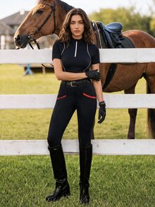 Easithlete 黑紅對比條紋修身馬術褲 - 黑色 - 查看 10