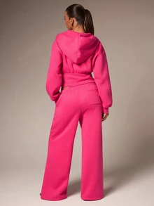 Athîral Women's Solid Color Drawstring Waist Wide Leg Loose Casual Sweatpants - Pink - View 2