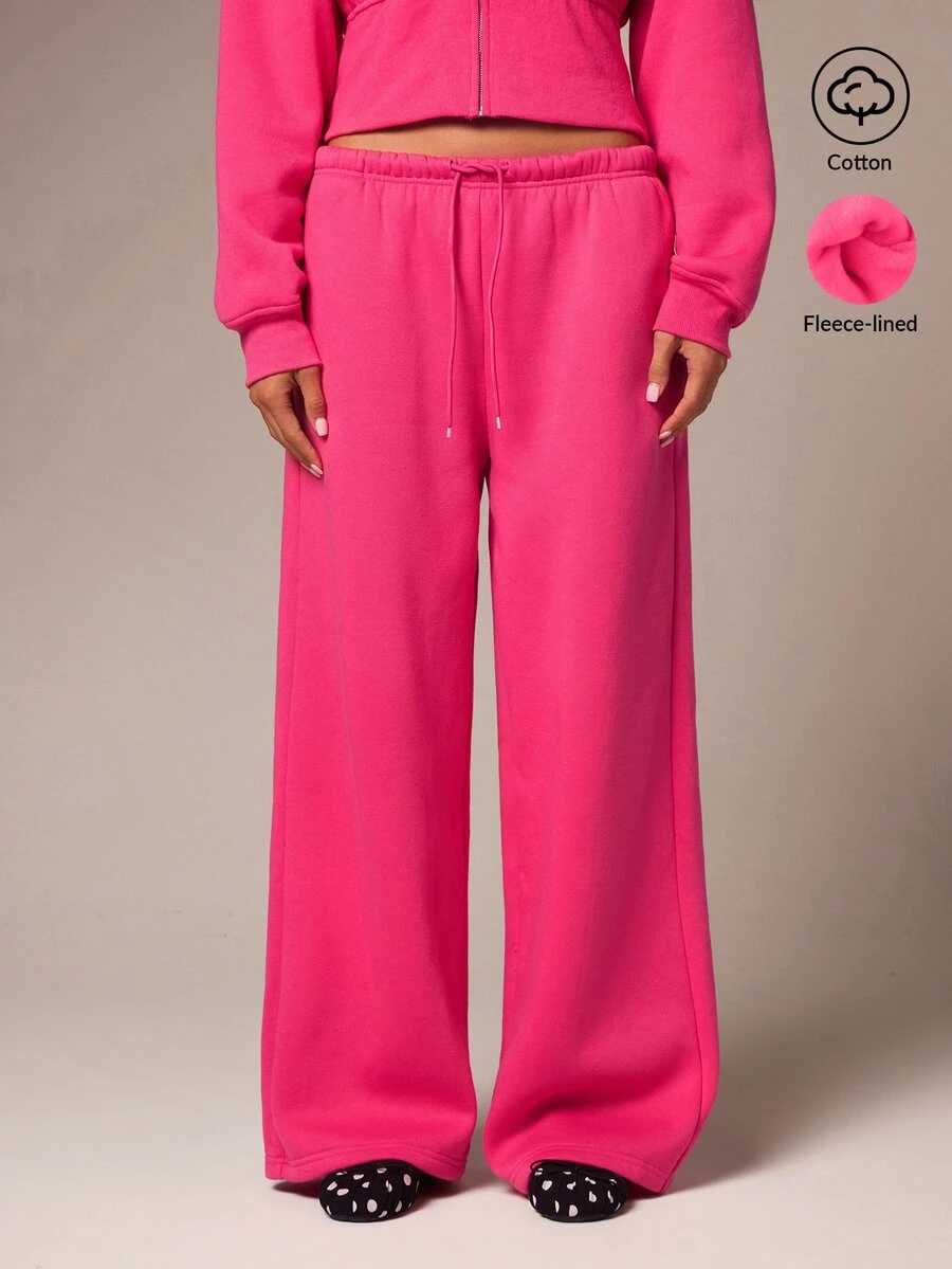 Athîral Women's Solid Color Drawstring Waist Wide Leg Loose Casual Sweatpants - Pink - View 1