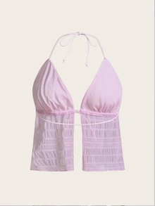 SHEIN ICON Split Hem Tie Backless Mesh Halter Y2k Top - Watermelon Pink - View 2