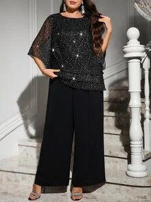 SHEIN Clasi 大尺碼時尚派對晚宴亮片上衣長褲兩件套，黑色夏季優雅婚禮裝 - 黑色 - 查看 6