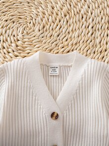 SHEIN Playful Pals 女童長袖鈕扣V領針織開襟衫與長褲2件套 秋冬款 - 米色 - 查看 7