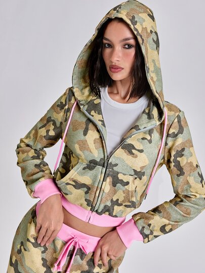 Herbst/Winter Y2K Streetwear Lässig Slim Fit Tailliert Camouflage Rosa Farbblock Damen Sweatshirt