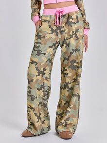 ROMWE Celana Jogging Wanita Model Longgar Lurus dengan Motif Kamuflase Patchwork Colorblock Gaya Y2K untuk Musim Gugur, Musim Dingin, dan Musim Semi, Gaya Kasual Jalanan, Musim Semi, dan Musim Panas. - Grey - View 4