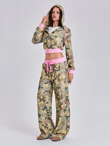 ROMWE Celana Jogging Wanita Model Longgar Lurus dengan Motif Kamuflase Patchwork Colorblock Gaya Y2K untuk Musim Gugur, Musim Dingin, dan Musim Semi, Gaya Kasual Jalanan, Musim Semi, dan Musim Panas. - Grey - View 2