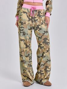 ROMWE Celana Jogging Wanita Model Longgar Lurus dengan Motif Kamuflase Patchwork Colorblock Gaya Y2K untuk Musim Gugur, Musim Dingin, dan Musim Semi, Gaya Kasual Jalanan, Musim Semi, dan Musim Panas. - Grey - View 1