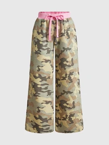 ROMWE Celana Jogging Wanita Model Longgar Lurus dengan Motif Kamuflase Patchwork Colorblock Gaya Y2K untuk Musim Gugur, Musim Dingin, dan Musim Semi, Gaya Kasual Jalanan, Musim Semi, dan Musim Panas. - Grey - View 7